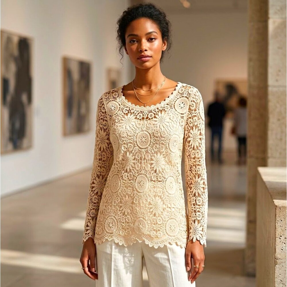 Cristina Beige Floral Lace Lined Scoop Neck Long Sleeve Blouse  L 100% Cotton